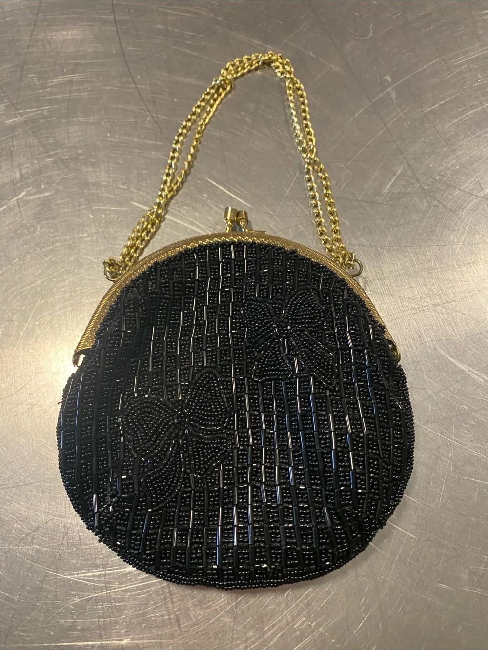 Vintage Black Beaded Round Evening Bag with Gold Chain